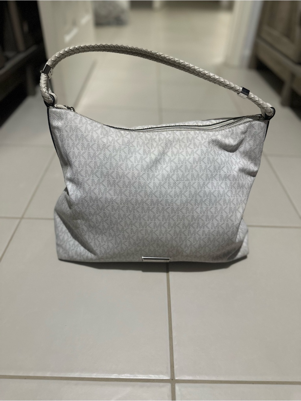Michael Kors Silver Monogram Braided-Handle Shoulder Bag